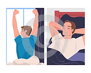 Man Character Waking Up Feeling Happy Stretching Out in Bed Ready to Get Up in the Morning Vector Set
