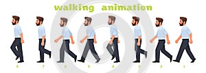 Man character walking animation. Businessman walks, a step by step cycle of pictures. Vector illustration