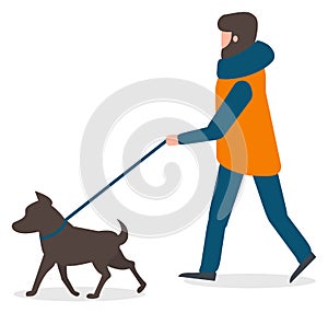 Man Character Walking Dog on Leash, Winter Vector