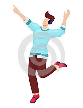 Man character wear modern clothes, male in music headphones listening song and dancing flat vector illustration