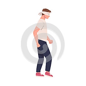 Man Character Wearing Blindfold Following Someone Trusting and Having Faith in Something Vector Illustration