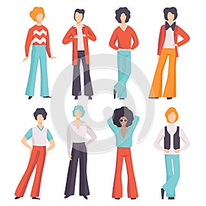 Man Character Wearing Vintage Clothing from 70s in Standing Pose Vector Set