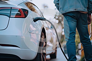 Man Charging an Electric Car Battery Concept