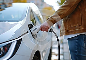 Man Charging an Electric Car Battery Concept