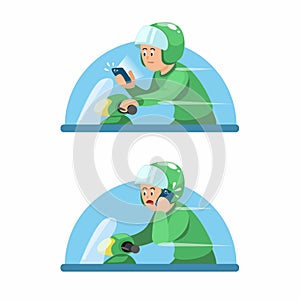 Man Chat and Call Using Smartphone While Riding Motorbike Symbol Set Cartoon illustration Vector