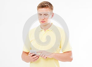Man chating in his device on a white background