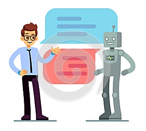 Man chatting and asking for help bot. Chatbot vector concept photo