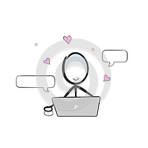 Man chatting. online love date. Vector simple romantic conversation. Stickman no face clipart cartoon. Hand drawn. Doodle sketch,