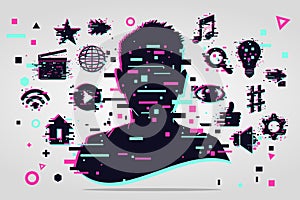 Man chatting. Social media people activity. Online communication vector illustration. Male live streaming.