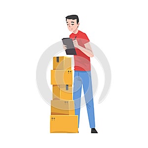 Man Checking Cardboard Boxes Preparing Goods For Dispatch, Guy Working with Parcels in Warehouse Cartoon Vector