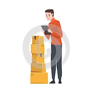 Man Checking Cardboard Boxes in Warehouse, Male Worker Preparing Goods For Dispatch Cartoon Vector Illustration