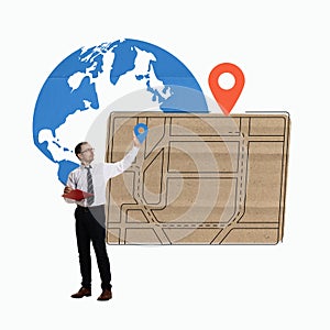 Man checking delivery road and putting location mark on destination with world map on background. Supply chain