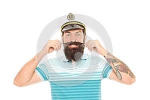 Man cheerful captain sailor hat trip around world, mad about travel concept