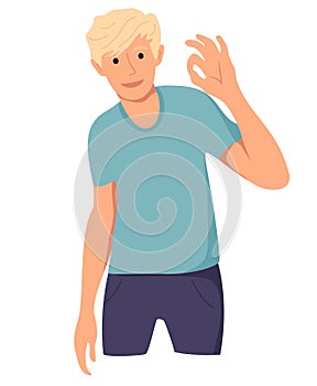 Man cheerfully shows OK with his hand. Gesture ok, okey. The happy man expresses his positive emotions. Vector