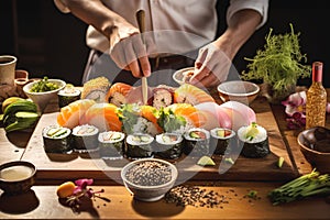 Man chef assembles vegetarian sushi set in restaurant kitchen