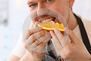 Man Chef Eating Juice Orange Kitchen Portrait