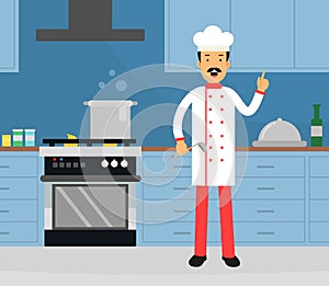 Man Chef at Kitchen with Ladle Cooking Dish Vector Illustration