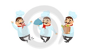 Man Chef with Moustache Carrying Dish Tray and Foodstuff Vector Illustration Set
