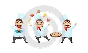 Man Chef with Moustache Juggling with Foodstuff and Decorating Dessert Vector Illustration Set