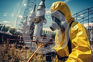 A man in a chemical protection suit against radiation sprays the area. Generative AI