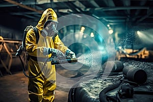 A man in a chemical protection suit against radiation sprays the area. Generative AI