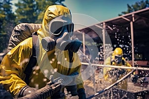 A man in a chemical protection suit against radiation sprays the area. Generative AI