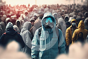 Man in chemical protective suit with people crowd on background