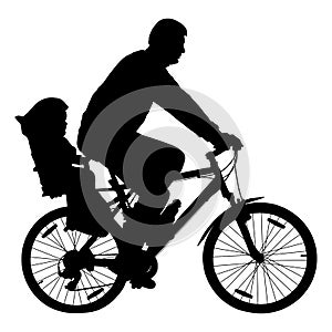 Man with child on bicycle, cyclist silhouette vector.