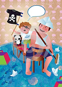 The man and the child are playing. Father and son, pirates. Illustration