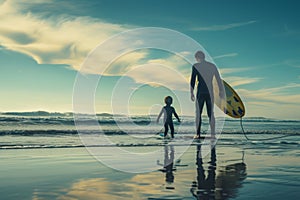A man and a child stand on the sandy beach while holding their surfboards, ready for a day of surfing, A father teaching his son
