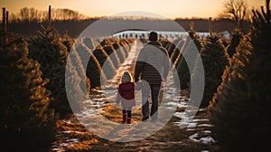A man and a child walking through a christmas tree farm, AI