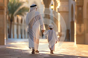 A man and a child are walking down a street in a foreign country
