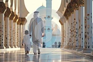 A man and a child are walking down a street in a foreign country