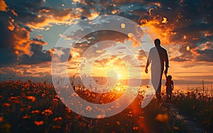 Man and child walking through field at sunset. Generative AI