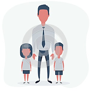 Man with children. Father with the daughter and son. Stock vector illustration