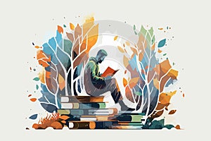 Man Chilling Sitting on the pile of books with abstract foliage and trees around