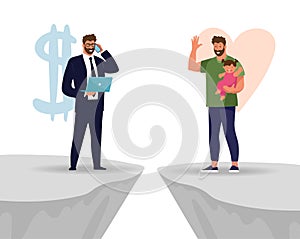 A man chooses between family and work. The problem of male priorities between career and family, business or health. Flat vector