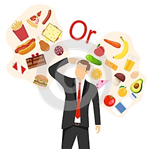 A man chooses between healthy and unhealthy food. Healthy and balanced foods versus fast food and greasy foods. Flat