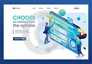 Man chooses the interface from the options, customize the user interface. 3D isometric. Landing page concepts and web