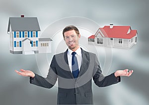 Man choosing or deciding houses with open palm hands