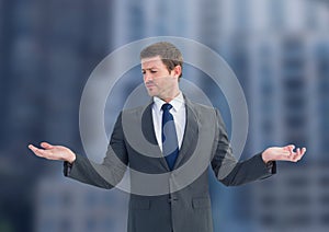 Man choosing or deciding with open palm hands