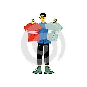 Man Choosing Shirts During Shopping at Clothing Store, Guy Purchasing at Mall or Shop Vector Illustration