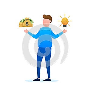 Man choosing between two options idea and money. Vector stock illustration.