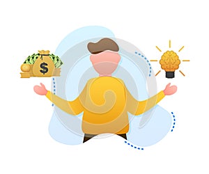 Man choosing between two options idea and money. Vector stock illustration.