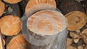 A man is chopping logs with an axe on chopping block. Harvesting of firewood stocks for heating.