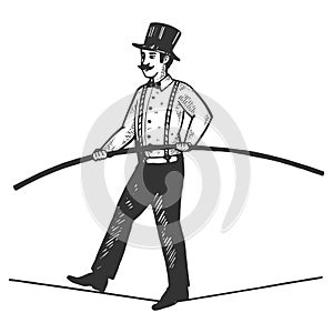 Man circus ropewalker engraving vector