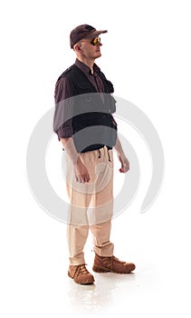 A man in civilian clothing specialist in the war zone on a white background