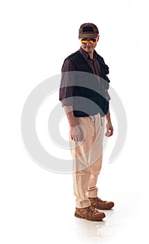 A man in civilian clothing specialist in the war zone on a white background