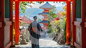 A man clad in traditional Japanese robes stands at the entrance of a pagoda head bowed in deep contemplation as