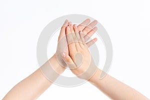 An man clap hands in the white-background photo
